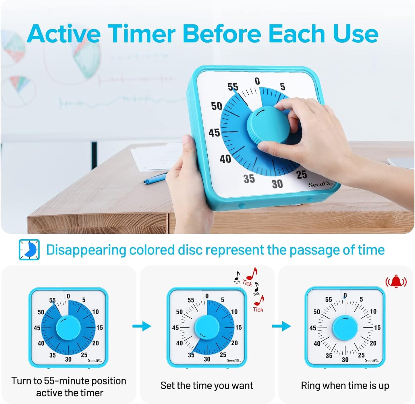 Secura Home 60-Minute Visual Timer, 7.5 Inch Oversize Countdown Timer Clock for Kids and Adults, Durable Mechanical Time Management Tool with Magnetic Backing （Dark Green）