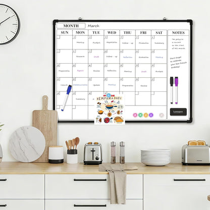 Monthly Whiteboard Calendar for Wall, Small 16" x 12" Dry Erase Board with Plastic Frame, Hanging Dry Erase Calendar with 3 Mini Sticky Notes for Kitchen Planner, Memo, Home and Office