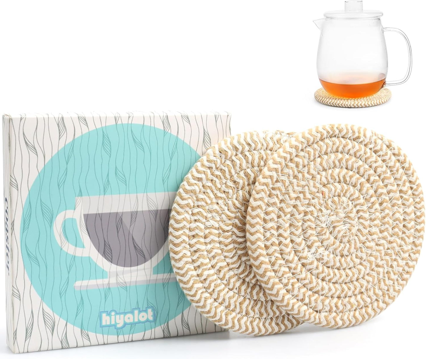 4.8" Drink Cotton Coasters Set of 2 – Boho Woven Drink Pads for Coffee & Tea, Neutral Sandstone Blend Fabric Cup Mats for Desk, Table, Nightstand, Dorm, Giftable Absorbent Coaster Set (Latte)