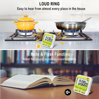 KTKUDY Digital Kitchen Timer with Mute/Loud Alarm Switch ON/Off Switch, 12-Hour Clock & Alarm, Memory Function Count Up & Count Down for Kids Teachers Cooking, Large LCD Display, Strong Magnet (Black)