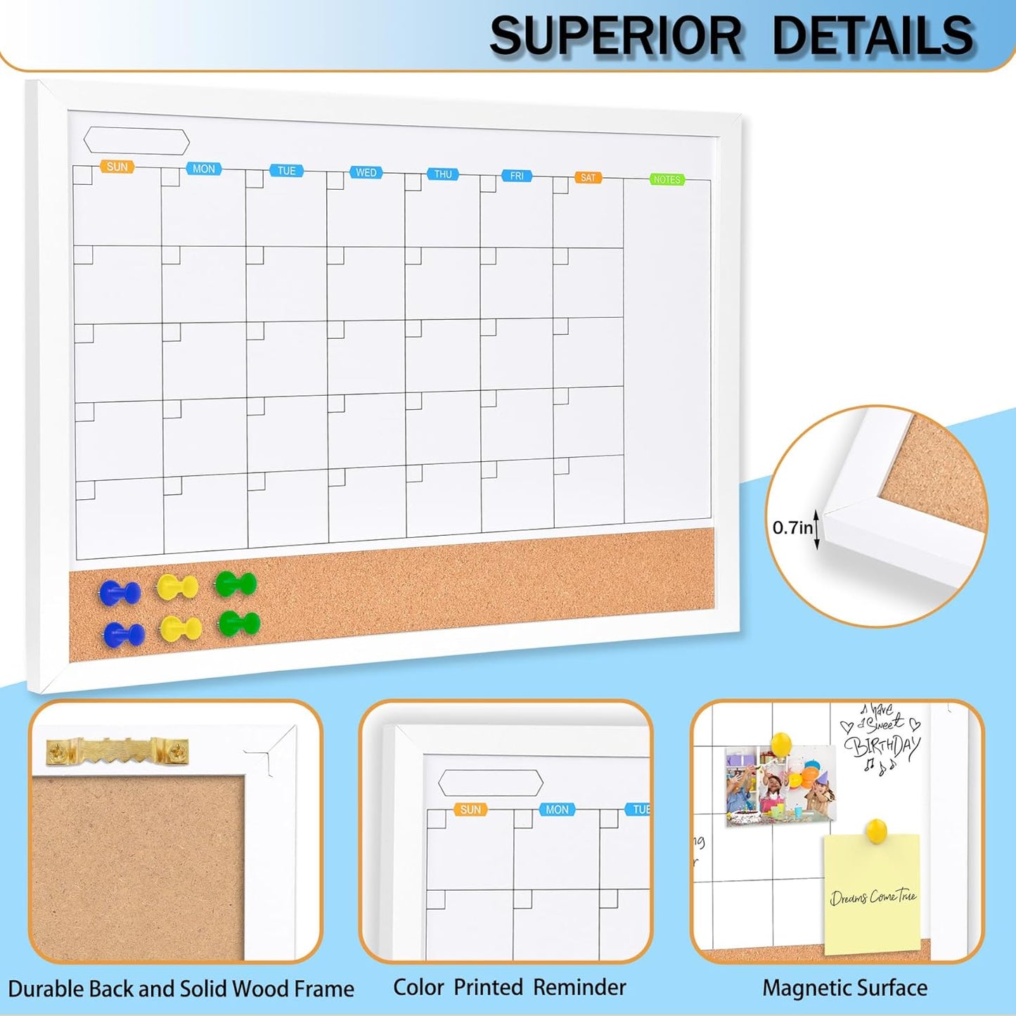 Monthly Whiteboard Calendar with Cork Board for Wall, 17"x13",Magnetic Dry Erase Board with White Wood Framed,2-1 Wall Planner Whiteboard,Bulletin Board with Pins for Home,School,Office
