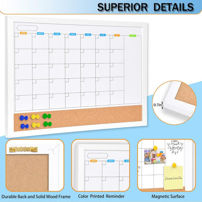 Monthly Whiteboard Calendar with Cork Board for Wall, 17"x13",Magnetic Dry Erase Board with White Wood Framed,2-1 Wall Planner Whiteboard,Bulletin Board with Pins for Home,School,Office