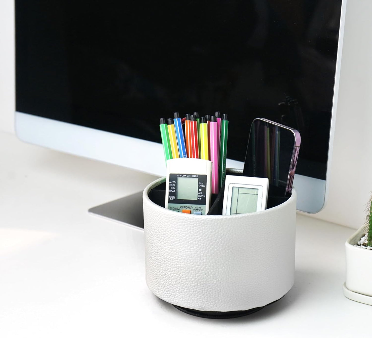 Round Leather Art Supply Organizer,Remote Control Holder,360 Degree Rotating,Multi-Functional Pencil Holder,4 Compartments Desktop Stationary Organizer(1-Fractal Flower) | Round - Colors A