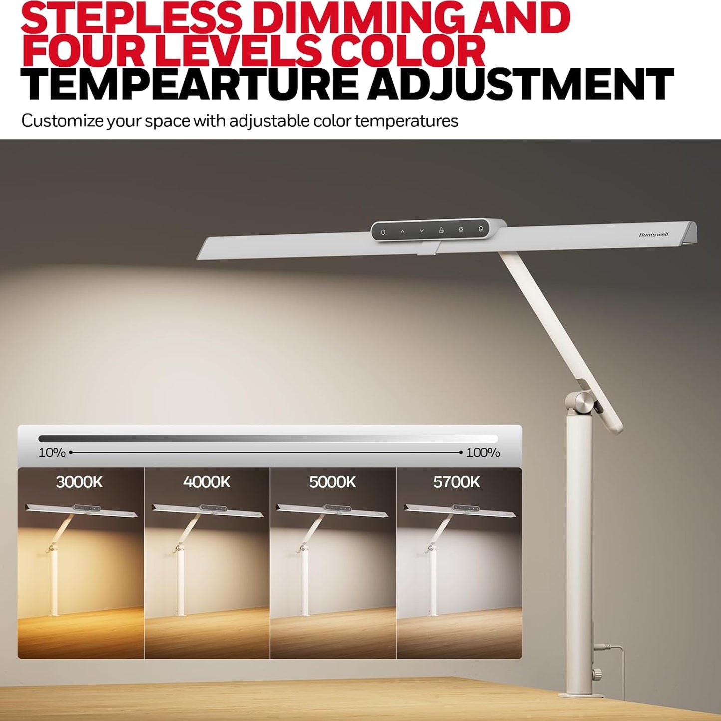 Honeywell LED Desk Lamp with Clamp - HJ1 Sunturalux Eye-Caring Clip on Lights for Home Office, 1200LM Clamp Lamp 4 Color Modes Stepless Dimming Task Desk Light for Working Black