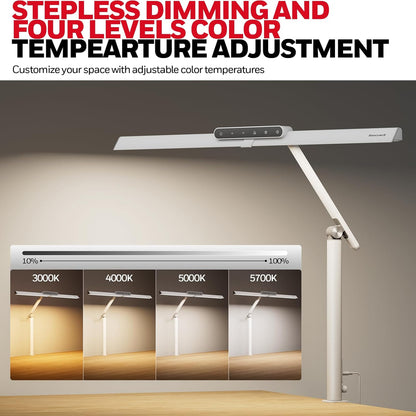 Honeywell LED Desk Lamp with Clamp - HJ1 Sunturalux Eye-Caring Clip on Lights for Home Office, 1200LM Clamp Lamp 4 Color Modes Stepless Dimming Task Desk Light for Working Black