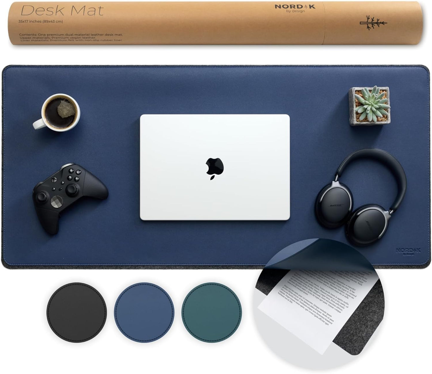 Nordik Felt and Leather Desk Mat - Willow Haze Sage - 35x17 Inch Felt and Vegan Leather Desk Blotter with Document Hideaway - Large Computer Mats for Desktop - Ideal Keyboard Mat for Office and Home