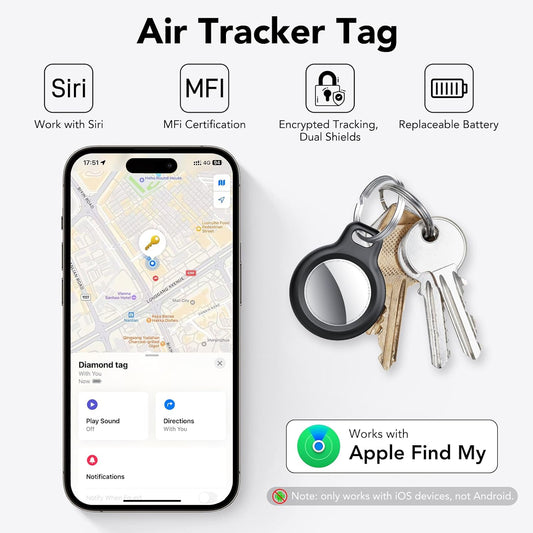 New Tracker Tag-1 Pack (Black), QCOQ Bluetooth 5.3 Tracker Tag Work with Apple Find My (iOS Only), Smart Tag with Protective Case/Keychain/Lanyard, Item Finder for Key/Wallet/Bag, Replaceable Battery