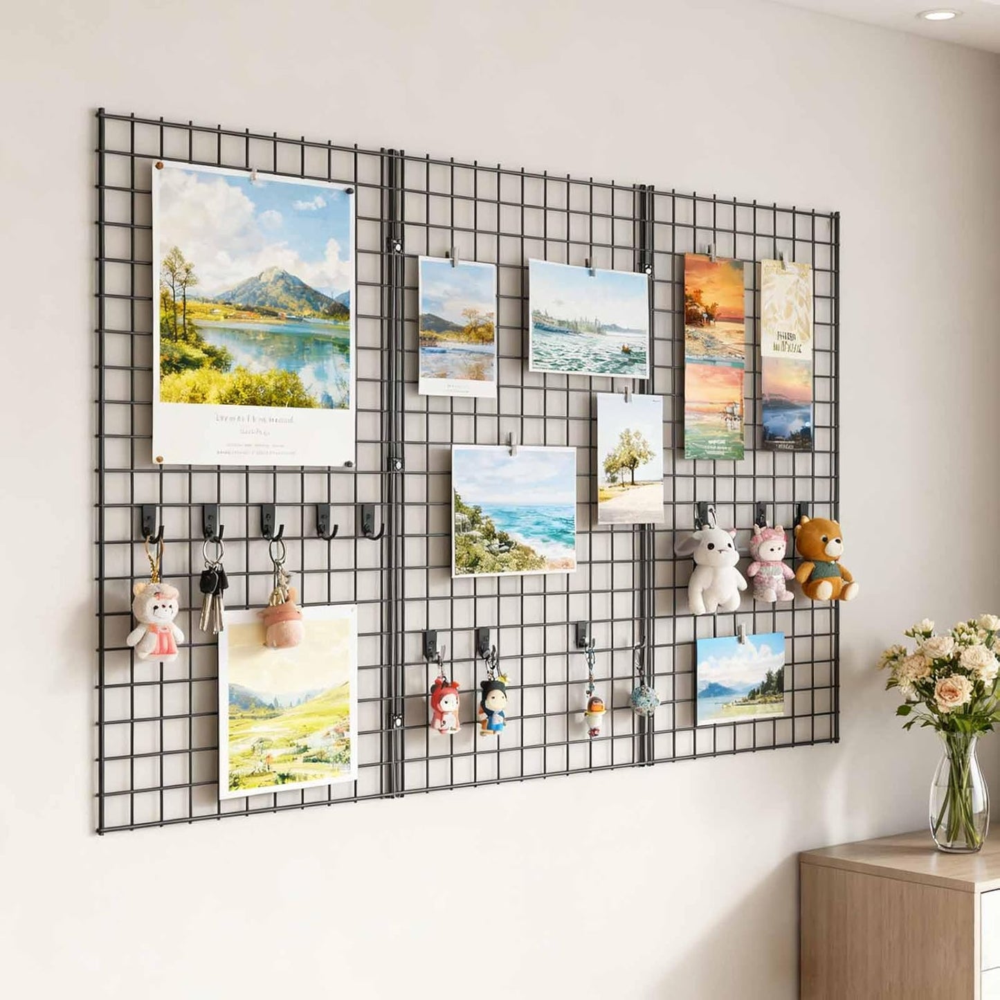 2' x 4' Black Gridwall Panels, 4-Pack Heavy-Duty Wire Grid Panel with 9 Connectors & 20 Hooks, Commercial & Home Wall Grid Display for Retail, Craft Shows, and Room Organization – 3" x 3" Grid