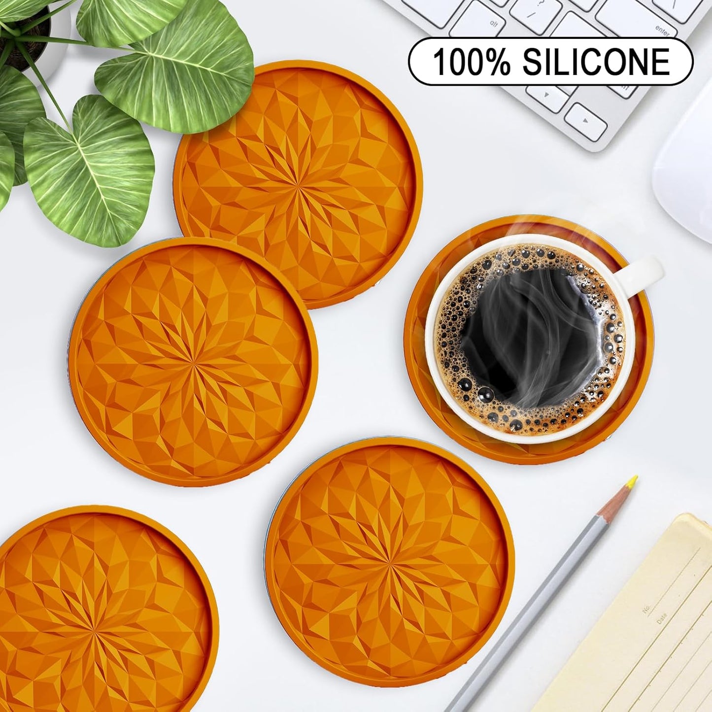 ME.FAN Silicone Coasters with Holder,[6 Pack] Drinking Coasters - Cup Mat for Hot or Cold Drinks, Thickened, Non-Slip, Non-Stick,Deep Tray Black