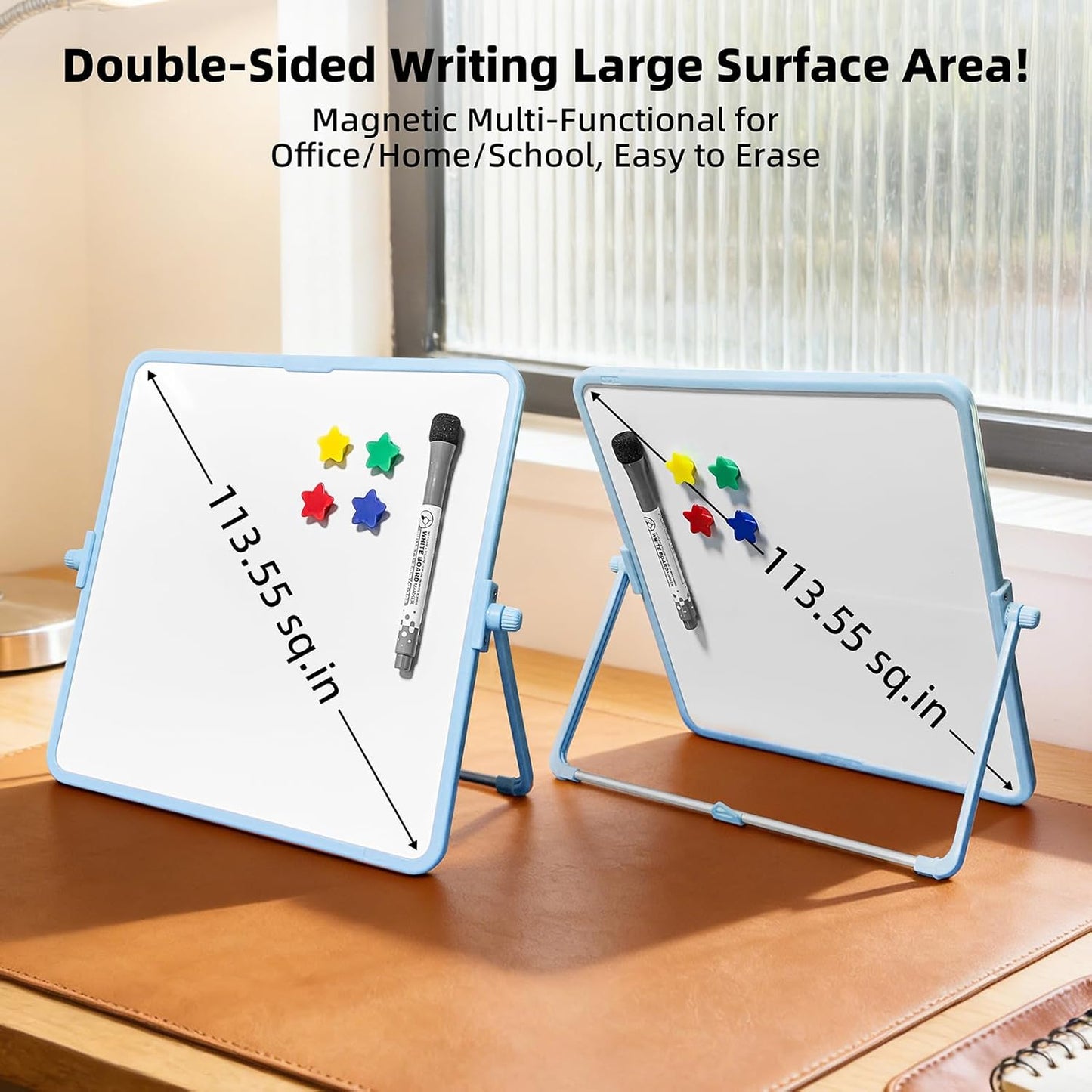 Colorful Dry Erase White Board 8.3x11in, Magnetic Desktop Board with Stand, 2 Markers (Eraser Head), 4 Magnets - Double-Sided Easel for Daily Planning, Memo, Office/Home/School (Blue)