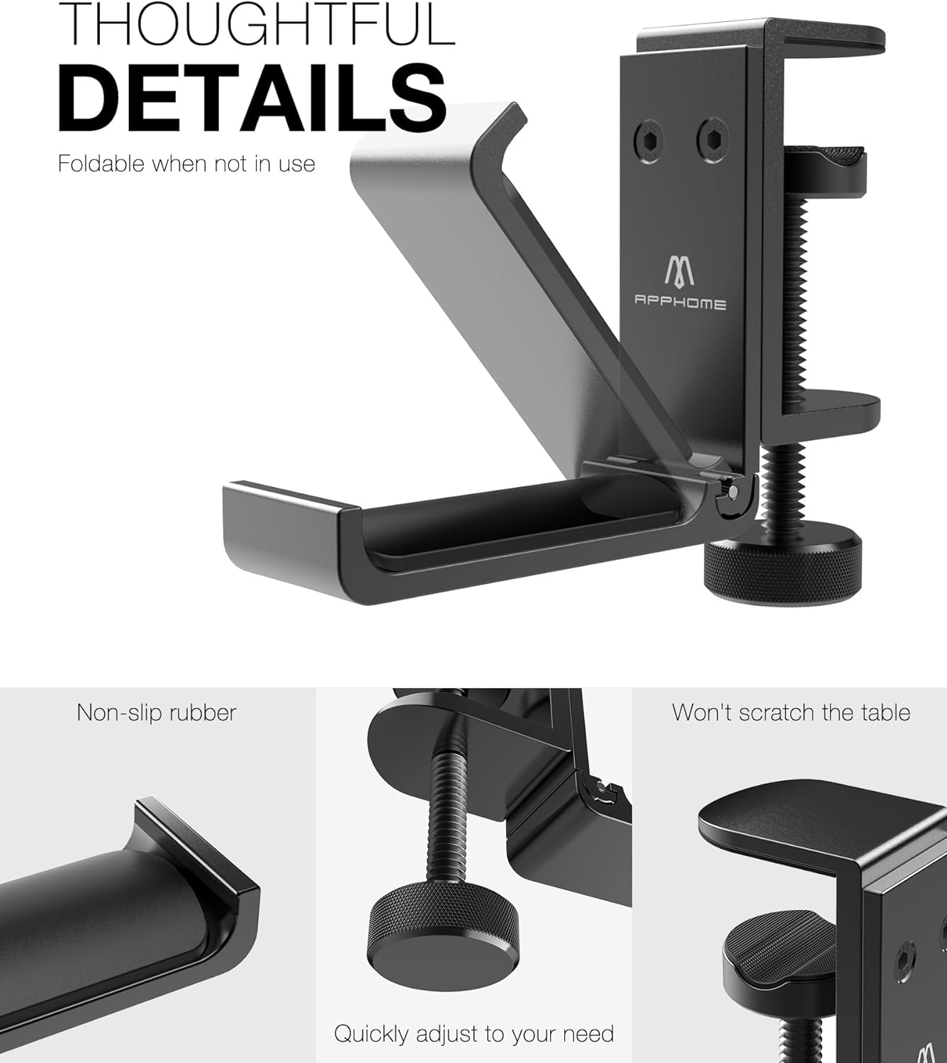 Foldable Headphone Stand and Hook – Aluminum Headset Holder Clamp Mount Under Desk, Universal Fit for Gaming Headphones, Space-Saving Hanger Organizer