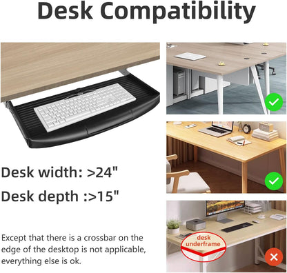 TOOCUST Under Desk Keyboard Tray, 20" Wx11"D Sturdy Key Board Tray Under Desk Slide with Pen Tray, Desk Extender with Pen Holder,Black