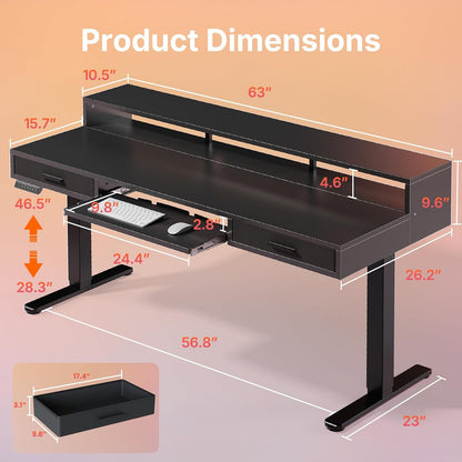 HUANUO 55″ x 26″ Electric Standing Desk with 2 Drawers &24.4″ Large Keyboard Tray, C-Clamp Mount Compatible, Adjustable Computer Desk for Office, Sit Stand Up Desk with 4 Height Presets, Light Walnut