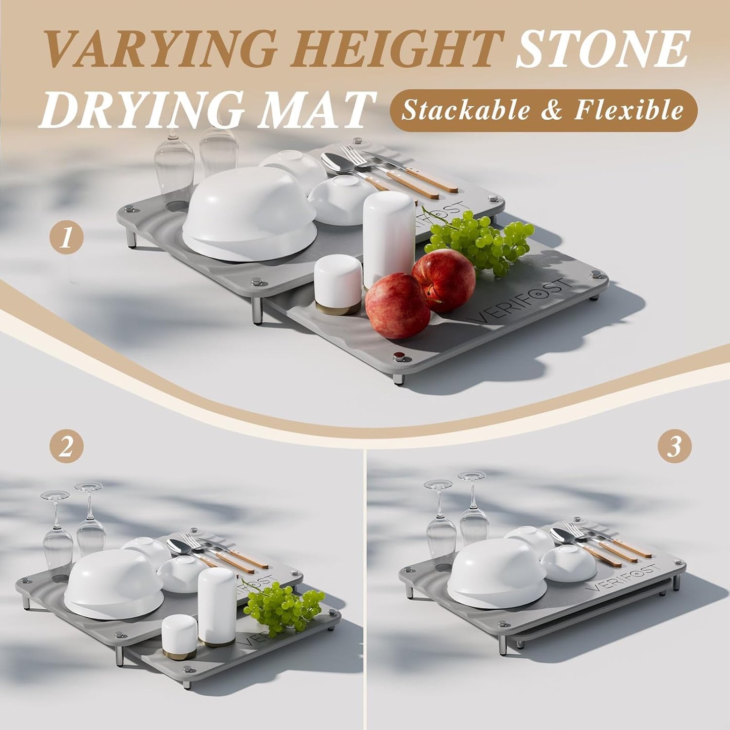 Pearl White 2Pcs Large Stone Dish Drying Mat with Acacia Wood Holder Stand for 1 Inch Cutting Board and Stone Drying Mat for Kitchen Counter Quick Dry Diatomaceous Earth Mat for Kitchen Counter
