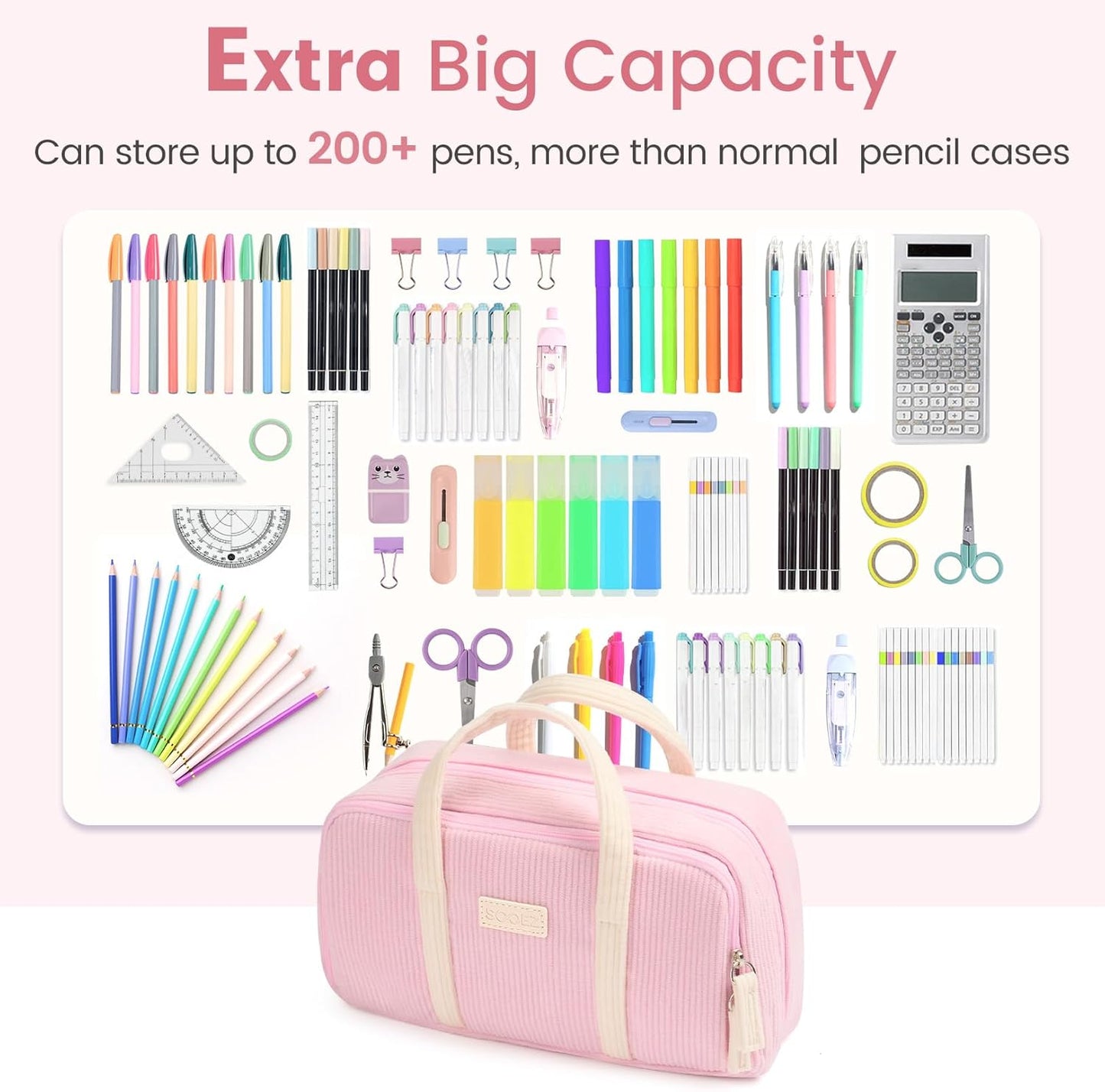 Sooez Large Pencil Case Pouch, Extra Big Pencil Bag with 5 Compartments, Pen Bag Wide Opening, Soft Corduroy Pencil Pouch Organizer with Zipper, Cute Aesthetic School Supplies for Teen Girls-Purple