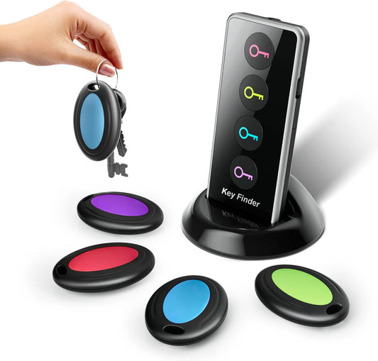 Key Finder Locator with Sound, 100ft RF Item Tracker Tags with LED Light, 80dB+ Loud Beep Wireless Remote Finder for Keys, Wallets, TV Remotes, Phones – 4 Receivers, Easy for Seniors