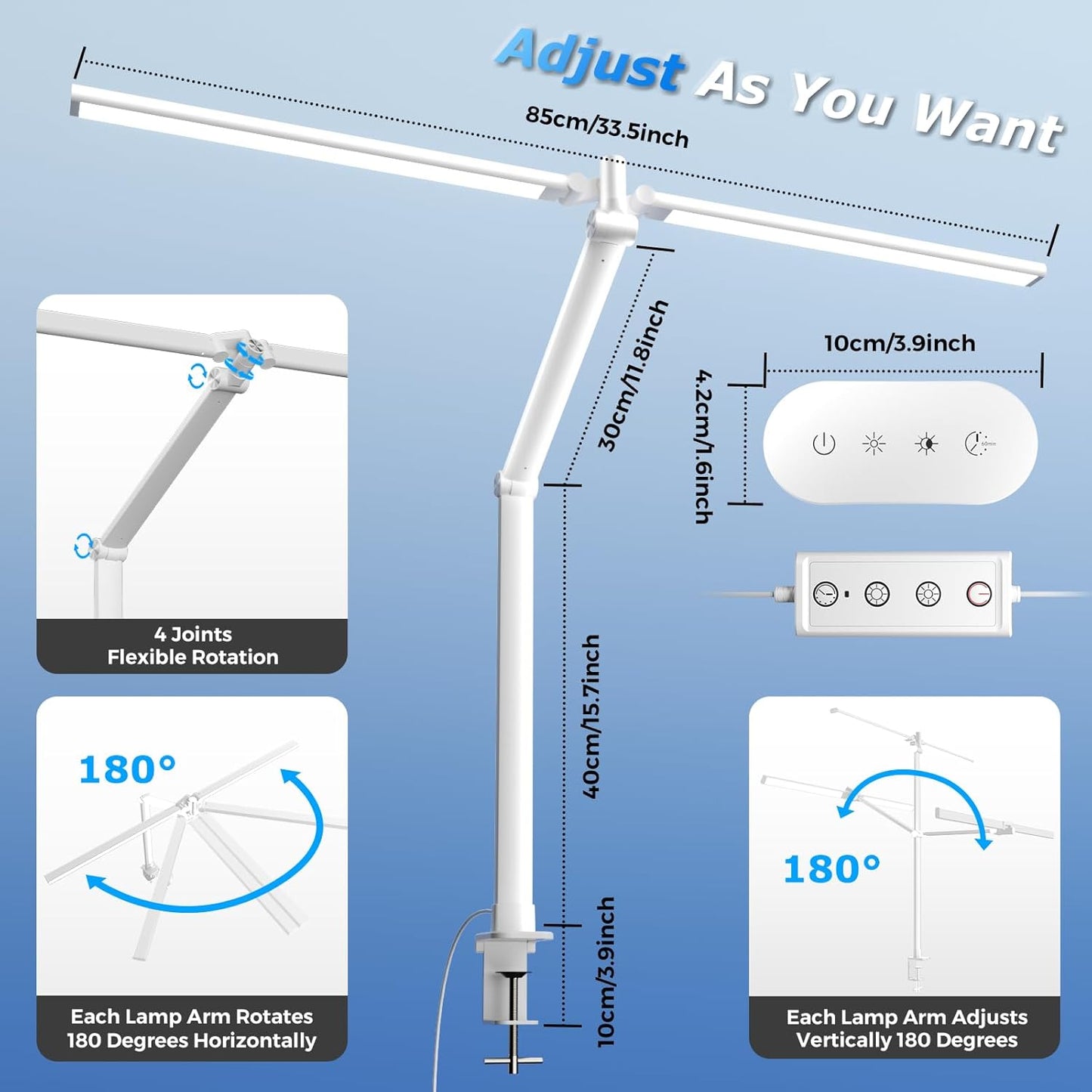 Airlonv LED Desk Lamp for Office Home, Eye-Caring Desk Light with Stepless Dimming Adjustable Flexible Gooseneck, 10W USB Adapter Desk Lamp with Clamp for Reading, Study, Workbench (Black)