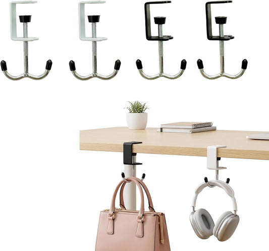 4 Pack Adjustable Under Desk Hooks (2 Black & 2 White), Universal Bag Hanger Fits Most Table Thickness, 100LB Capacity Heavy-Duty Dual Hook for Purse, Backpack, Office Home