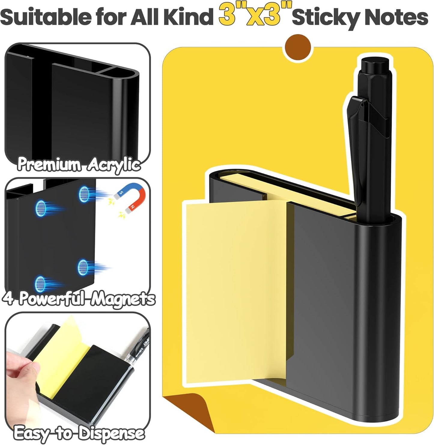 Sticky Note Dispenser, Magnetic Sticky Note Holder for Post It Notes, 3 x 3 Inch Sticky Note Pen Organizer for Office Home Classroom, Black