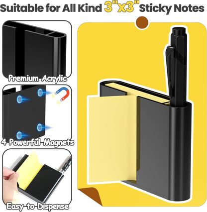 Sticky Note Dispenser, Magnetic Sticky Note Holder for Post It Notes, 3 x 3 Inch Sticky Note Pen Organizer for Office Home Classroom, Black