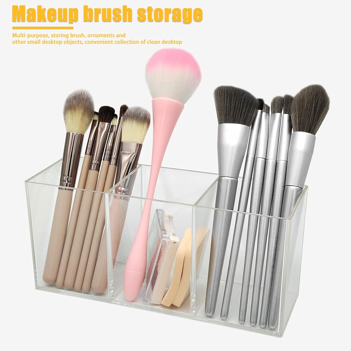 Cerpourt Black Makeup Brush Organizer,Acrylic Cosmetic Brushes Storage Holder with 3 Slots,Pencil Pen Holder for Desk,Desk Organizer and Accessories for Vanity
