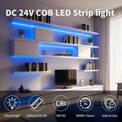 32.8FT/10M Blue COB LED Strip Light, 3200LEDS LED Tape Lights, High Bright CRI93+ Flexible Dimmable Light Strip for Bedroom TV Backlight Monitor Gaming Room Bar Decor(with Plug)