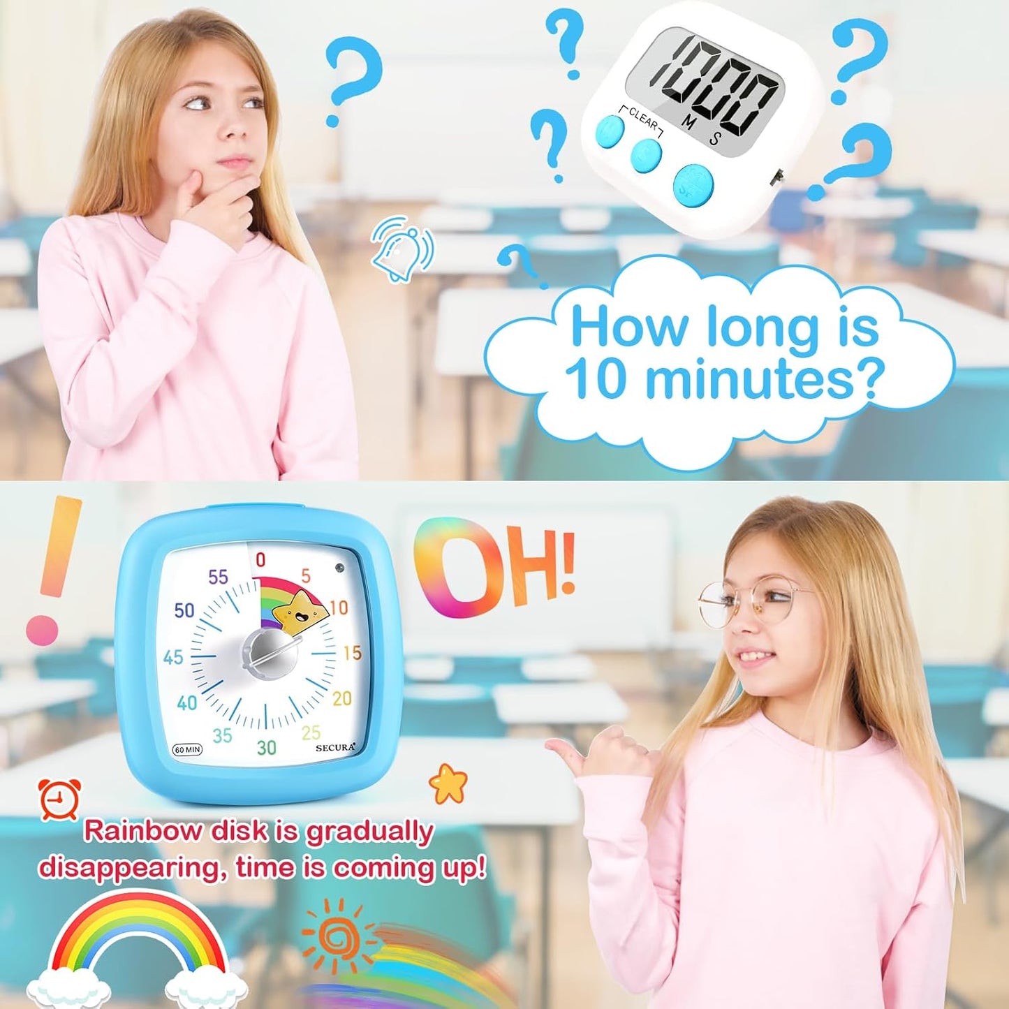 Secura 60-Minute Visual Timer, Silent Study Timer for Kids and Adults, Time Clocks, Time Management Countdown Timer for Teaching (Black & Cloud)