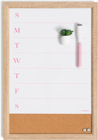 U Brands Framed Magnetic Weekly Dry Erase Calendar Combo Board, 16"x11", Wood Style Frame, Includes Magnetic Dry Erase Marker with Eraser Top, Succulent Magnet, and 2 Push Pins