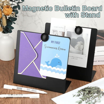 Magnetic Bulletin Board with Stand, 8x8inch Magnet Display Stand, Metal Tabletop Memo Board with 2 Magnets for Home, Kitchen, School, Office Supplies