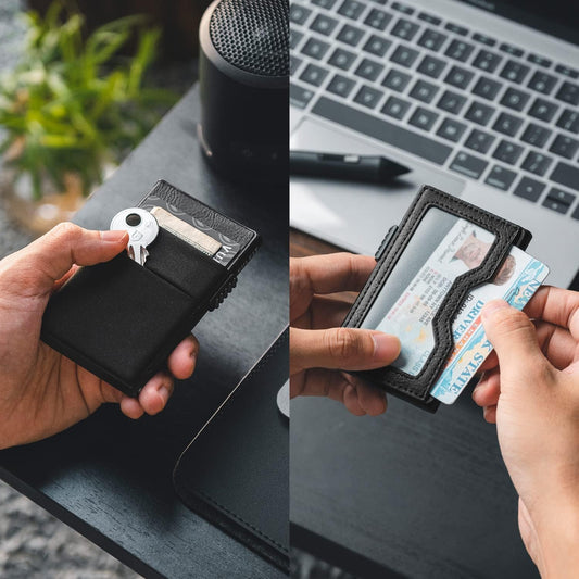 VULKIT Minimalist Wallet with ID Window & EDC Pocket Pop Up Card Holder RFID Blocking Slim Wallet Design for Airtag Cash Coins & Credit Cards