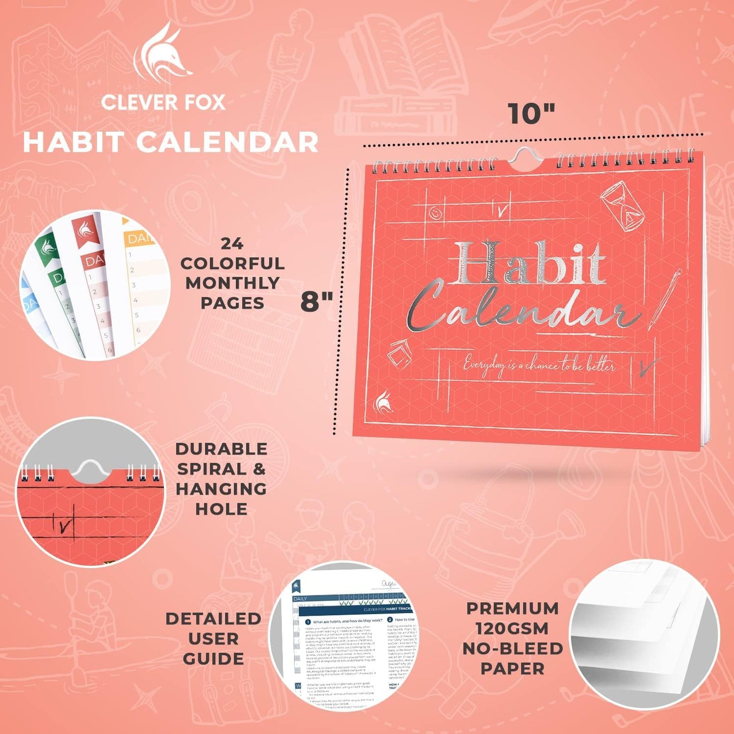Clever Fox Habit Tracker Calendar – Inspirational Goal Tracker and Habit Calendar for Atomic Habits – Colorful Habit & Goal Planner Journal to Boost Productivity – 24 Months, 10″ x 8″ (Black)