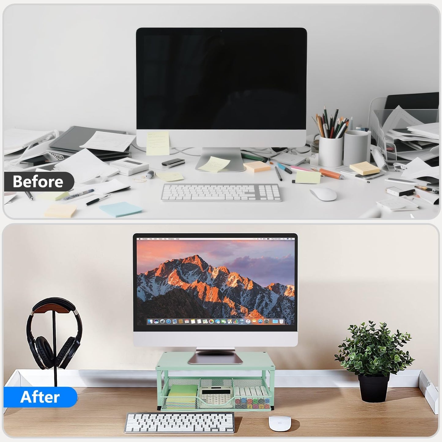 Wood Metal Monitor Stand Riser, Laptop Stand for Desk, Office Desk Organizer and Accessories, Computer Desktop Shelf with Drawer and Pen Holder, Printer Stand for Home, Office, Dorm (Natural Wood)