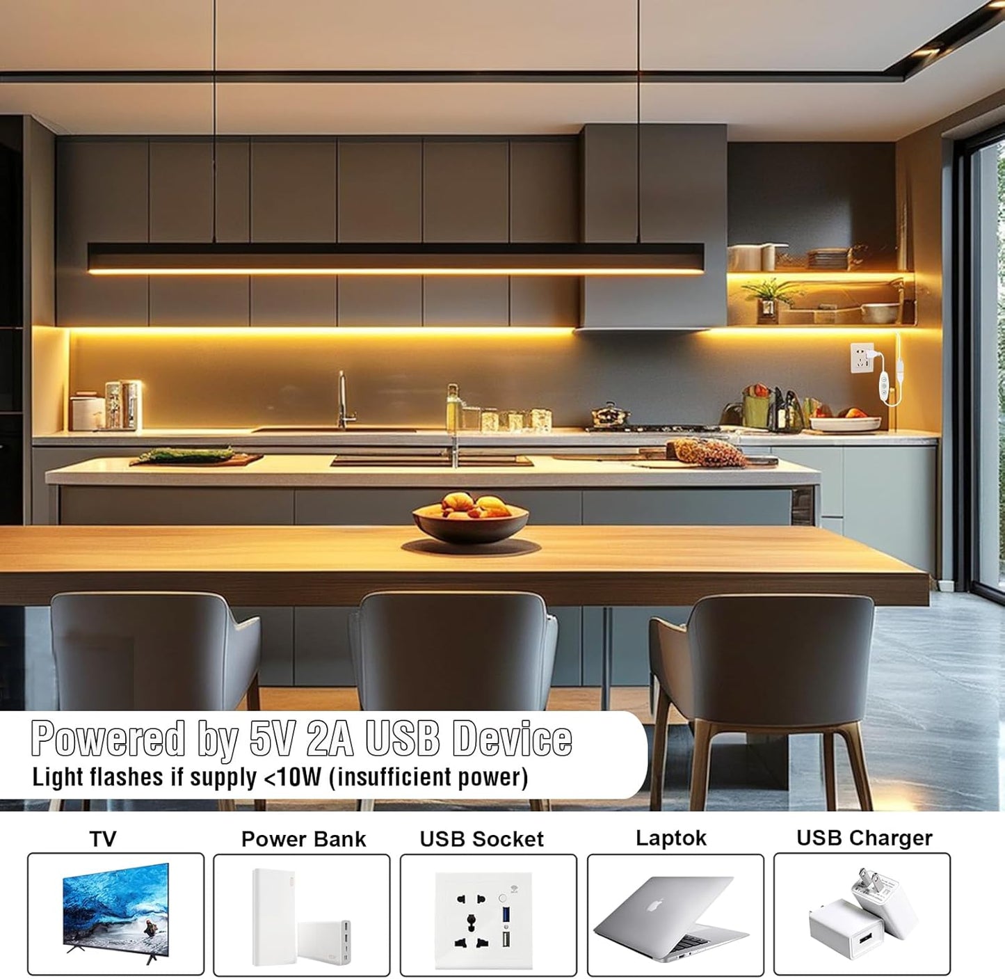 USB Light Strip Warm White 3000K CRI 92+ Small Dimmable COB LED Strip Light Cuttable 5V USB Powered 6 ft 10W for TV Backlight Cabinet Bedroom Indoor DIY Lighting Project