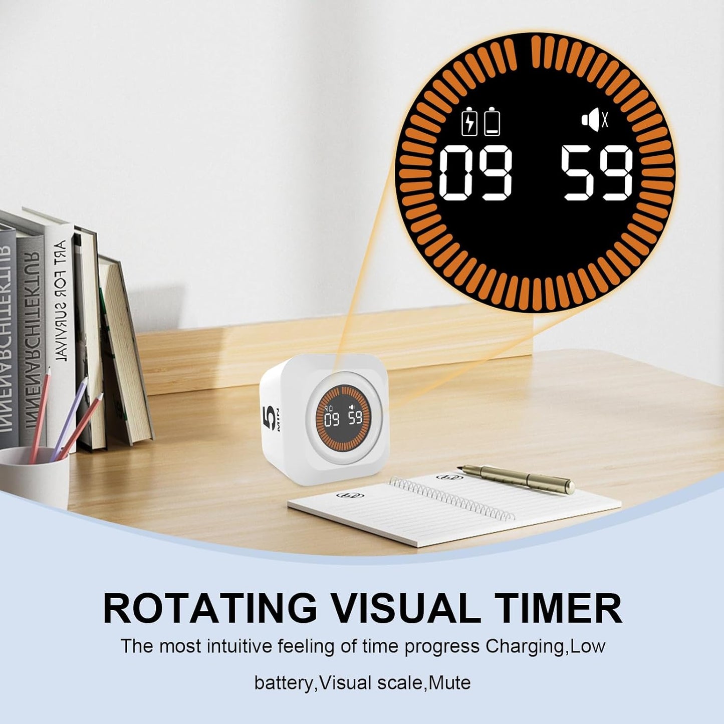 Rotating Cube Pomodoro Timer 5, 25, 10, 50 Min Preset + Custom Countdown, Desk Productivity Flip Visual Timer w/Silicone Case, Silent Mode, Ideal for ADHD Tool Study Work School (Black)