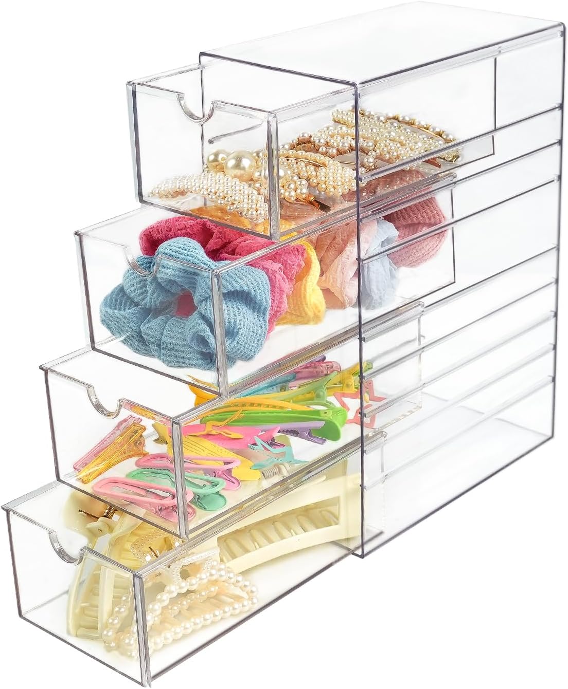 Clear Hair Accessories Organizer Box with 6 Layers, Acrylic Stackable Storage Drawers for Hair Ties, Claw Clips, Bow Holder for Girls, Vanity Makeup Organizer, Bathroom or Desk Countertop Container