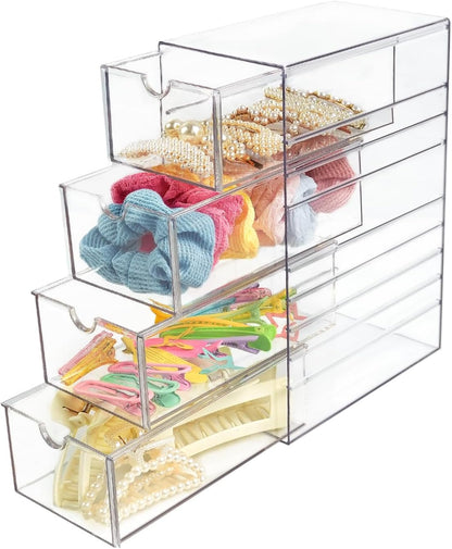 Clear Hair Accessories Organizer Box with 6 Layers, Acrylic Stackable Storage Drawers for Hair Ties, Claw Clips, Bow Holder for Girls, Vanity Makeup Organizer, Bathroom or Desk Countertop Container