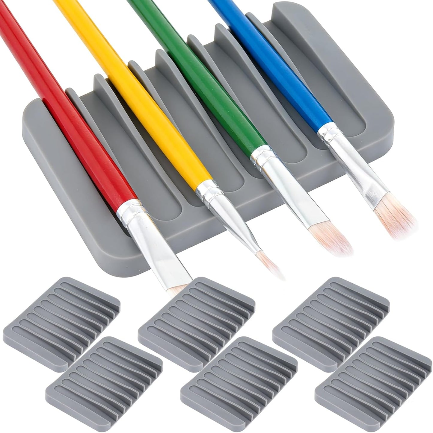 6 Pcs Paint Brush Holder with 8 Slots, Gray Washable Silicone Brush Rinse Cleaner, Paintbrush Organizer Tray for Artist, Hobby & Classroom, Compact Desk Display Stand Storage for Paintbrushes
