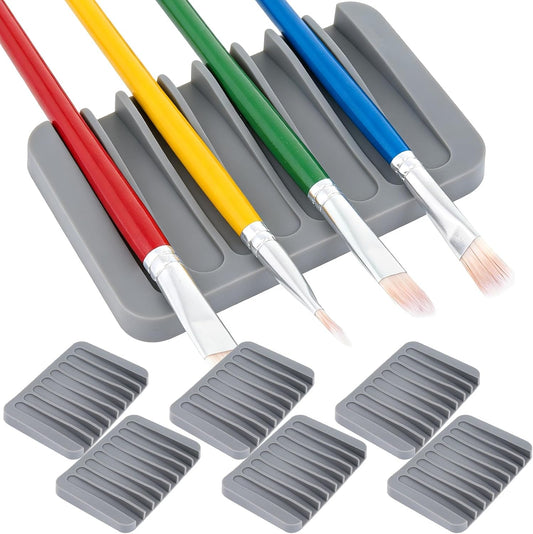 6 Pcs Paint Brush Holder with 8 Slots, Gray Washable Silicone Brush Rinse Cleaner, Paintbrush Organizer Tray for Artist, Hobby & Classroom, Compact Desk Display Stand Storage for Paintbrushes