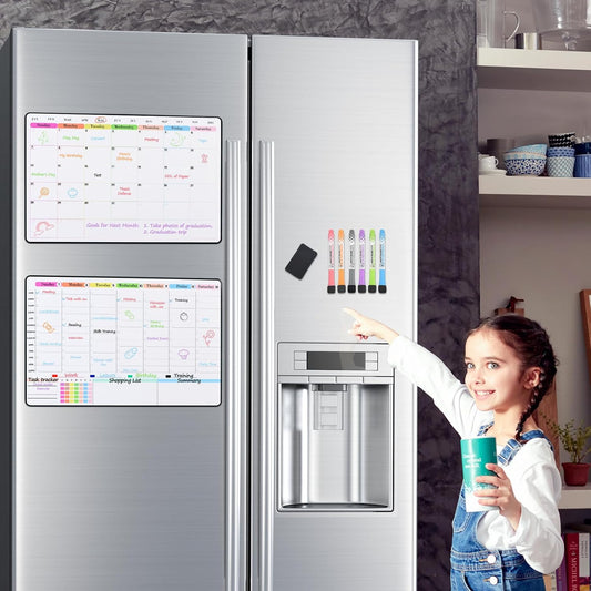 POPRUN Magnetic Fridge Calendar, 16.9"x11" Weekly Schedule Whiteboard, Dry Erase Board for Family Planning & Organization, Ideal for Home, School, Office