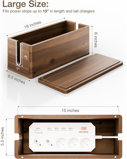 TIDITA Acacia Wood Cable Management Box Round Edge - 16" L Wooden Cable Organizer Box for Electrical Hiding Cord Management - Power Strip Hider Cable Storage Box for Office, Router Wires, Under Desk