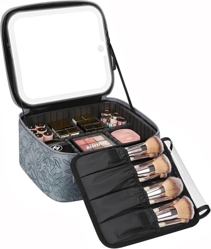Relavel Travel Makeup Bag With LED Mirror, Cosmetic Train Case with Light up Mirror, Portable Makeup Artist Organizer Bag with Adjustable Dividers, Makeup Brush Holder Storage, Black
