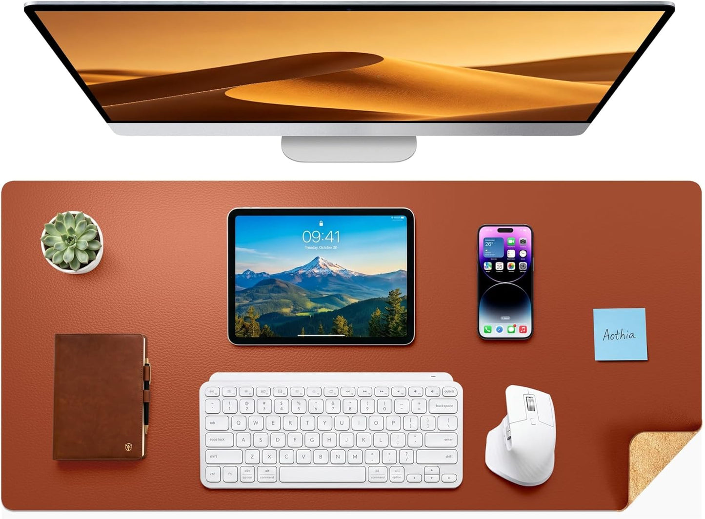 Aothia Dual-Sided Desk Pad - 25.6x13.7 inches Leather Desk Mat, Natural Cork Desk Pad Protector, Large Mouse Pad for Desk, Waterproof Desk Blotter Pad, Desk Writing Pad for Office Work/Home, Black
