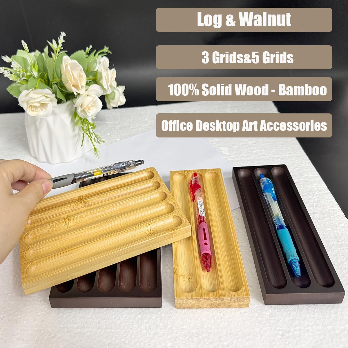 Pen Holder Organizer of Office desks,Walnut Desk Pen Stand,Wave Pen TrayOffice Accessory,Teacher Gifts,Suitable for School,Home,Office Desktop Art Accessories (Walnut-5 Grid)