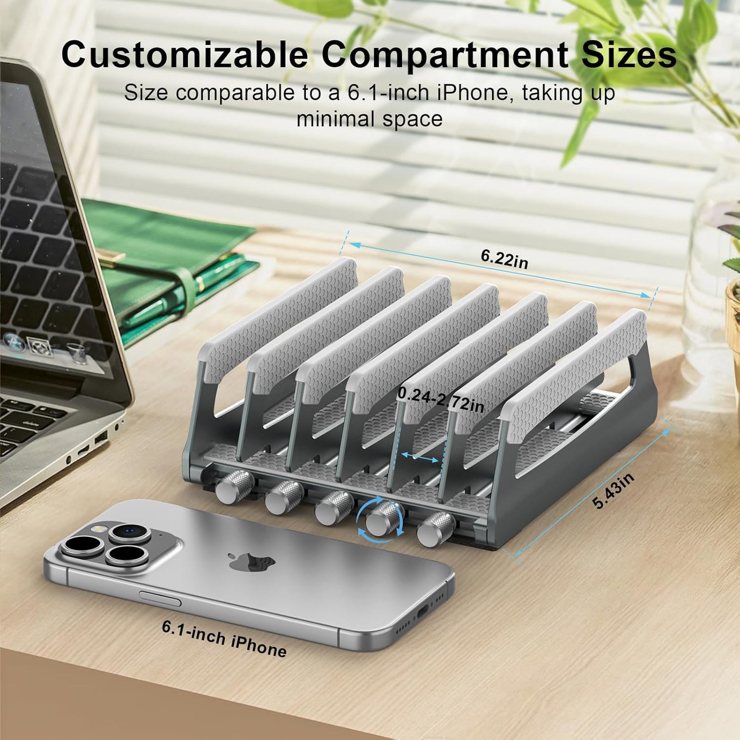 Elestoria 10-Slot Vertical Laptop Stand & Holder – Adjustable Aluminum Laptop Stand Vertical for Desk Fits 10 Devices, MacBook & Gaming Laptops (Up to 17.3”) – Space Saving Laptop Storage Rack - Grey