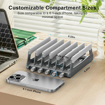 Elestoria 10-Slot Vertical Laptop Stand & Holder – Adjustable Aluminum Laptop Stand Vertical for Desk Fits 10 Devices, MacBook & Gaming Laptops (Up to 17.3”) – Space Saving Laptop Storage Rack - Grey