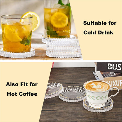 Modern Clear Coasters Set of 5- Glass Cute Coasters for Drinks Crystal Coaster Round Chic Cup Mat Cute Coffee Table Coaster for Kitchen, Bar, Dining Room, Living Room, Patio(Amber)