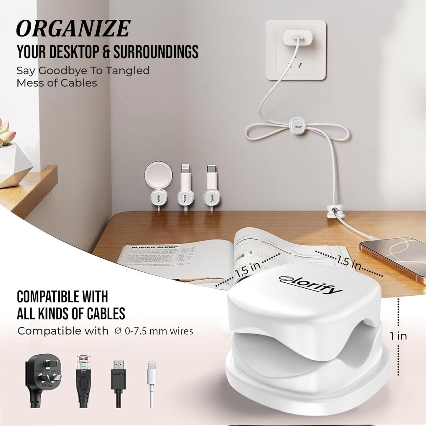 8 Pack Spring Cord Holder Clips [360° Rotatable, 1-Hand Use] — Adhesive Cable Clips for Nightstand, Desk, Wall & Kitchen | Phone Charger Cord Holder | No-Residue | Fits 2.5–8mm Cables