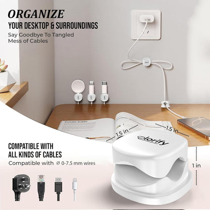8 Pack Spring Cord Holder Clips [360° Rotatable, 1-Hand Use] — Adhesive Cable Clips for Nightstand, Desk, Wall & Kitchen | Phone Charger Cord Holder | No-Residue | Fits 2.5–8mm Cables