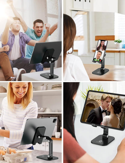 OCYCLONE Phone Stand, Cell Phone Stand Holder for Desk Office Accessories Adjustable Height and Angle Foldable iPhone Stand Compatible with 4"-13" All Phones iPad Tablet - Black