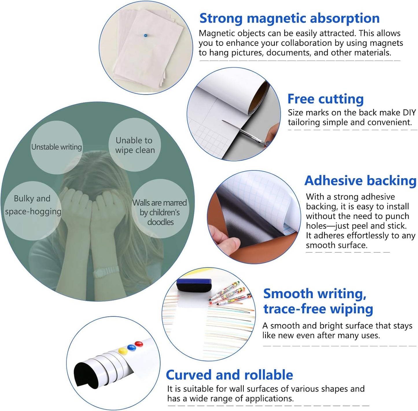 Self-Adhesive Dry Erase Whiteboard Sticker, 31.50" x 15.75" Magnetic Receptive White Board Wall Film, No Ghosting, Easy Write & Clean | Peel & Stick for Office, Home & Classroom,Incl. Accessories